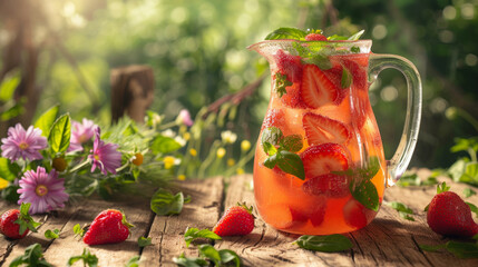 A vibrant pitcher filled with strawberry-infused water among fresh strawberries and flowers A refreshing scene set in a sunlit garden