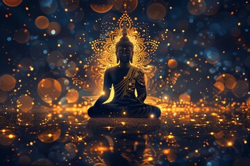 buddha lotus silhouette surrounded in the style of glowing mandala stars, black background with golden and blue lights 