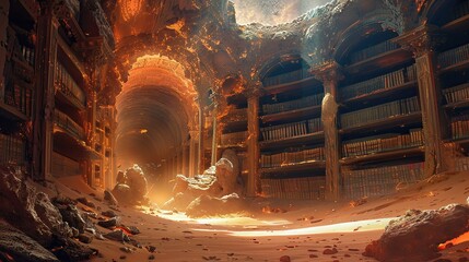 The Forgotten Library Gateway Hidden beneath the sands of time lies a library of books that were never written - obrazy, fototapety, plakaty