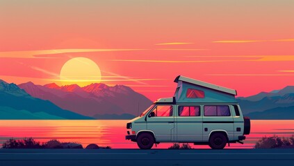 Fototapeta na wymiar Camping van on the road, sunset in the style of sea, mountains in the background