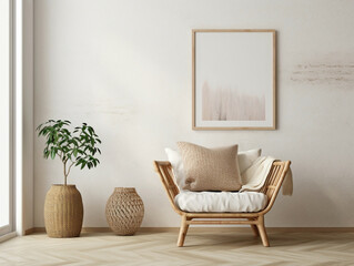 Experience the boho chic vibe of a modern living room adorned with a wicker chair, floor vases, and a blank mockup poster frame against a clean white wall.