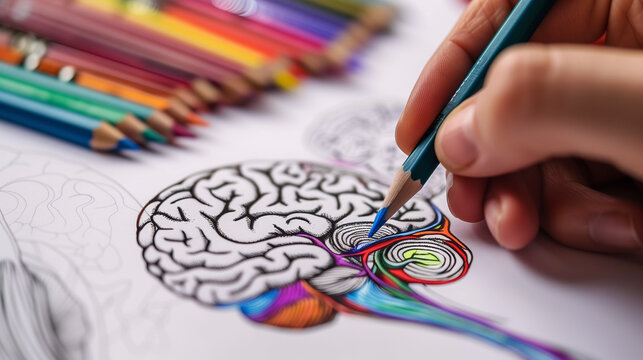A child colors a drawing with colored pencils - a diagram of the human brain. Development of the right hemisphere. 