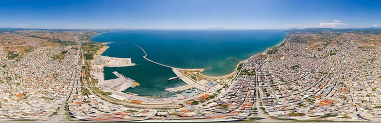 Alexandroupolis, Greece. Panorama of the city and port. Summer day. Panorama 360. Aerial view
