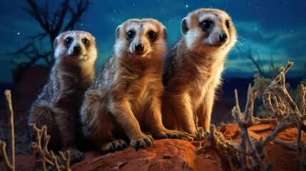 group of meerkats standing guard under the starry sky, portraying their vigilant nature even during the night - Powered by Adobe