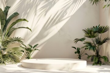 Tropical Style Cylindrical Podium, An empty cylindrical podium exuding tropical vibes, perfect for showcasing products or presentations with a touch of exotic charm