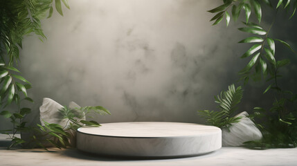Product display podium scene model with natural leaves and plants, promotional display concept scene illustration