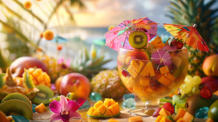 A bright beach party scene with a bowl of summer fruit punch surrounded by vibrant fruits, flowers, and beach elements