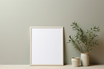 Experience the beauty of a blank frame against a soft color wall background, a blank canvas for...