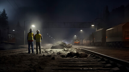 Two individuals in safety vests and helmets stand near a train track at night, illuminated by bright lights