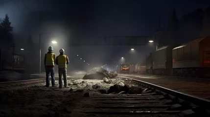 Foto op Canvas Two individuals in safety vests and helmets stand near a train track at night, illuminated by bright lights © larrui