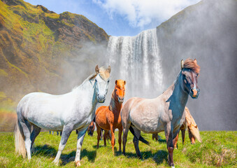 Icelandic horses of many different colors run on green grass field - View of famous Skogafoss...