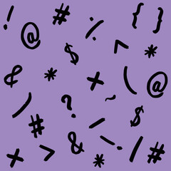 pattern with the image of keyboard symbols. Punctuation marks. Template for applying to the surface. pastel violet background. Keyboard symphony. Square image.