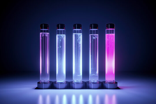 five test tubes in a stand, each emitting a different intensity of light, creating a gradient from dim to bright. They are set against a dark background