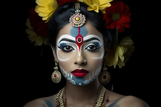 A woman with a flower headdress and red lips. The woman is wearing a lot of makeup and has a very colorful look