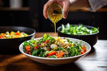 Fresh Salad Delight: Close-Up of Lemon Mustard Dressing - obrazy, fototapety, plakaty