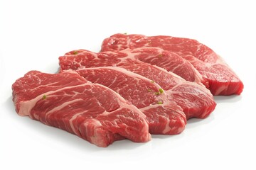 Pristine white background showcases beautifully arranged pieces of fresh beef