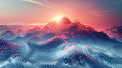 Abstract digital landscape with neon mountains under a glowing sunrise.