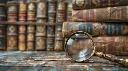 A single antique magnifying glass set against a backdrop of old books, suggesting a quest for knowledge in a bygone era