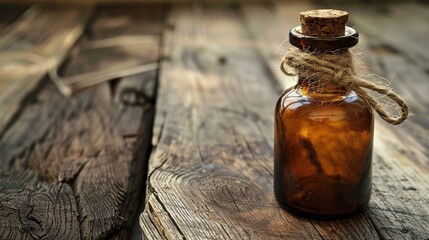 A vintage glass bottle of Musk essential oil resting on a rustic wooden tabletop - obrazy, fototapety, plakaty