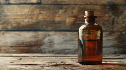 A vintage glass bottle of Musk essential oil resting on a rustic wooden tabletop - obrazy, fototapety, plakaty