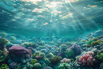 Underwater coral reef ecosystem with sunlight beams and tropical fish. Marine biodiversity and ocean wildlife concept for environmental conservation design