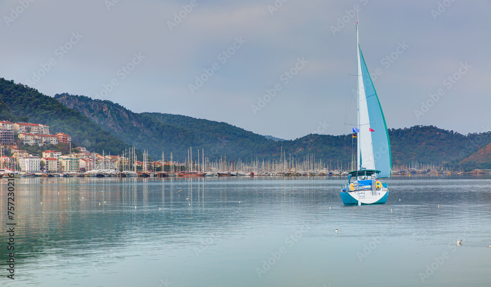 Wall mural yachts and sailboats anchored at the marina of resort town fethiye