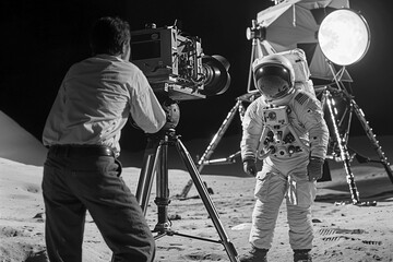 Cameraman films an astronaut actor on a movie set, black and white, artist's impression, fake moon landing conspiracy theory