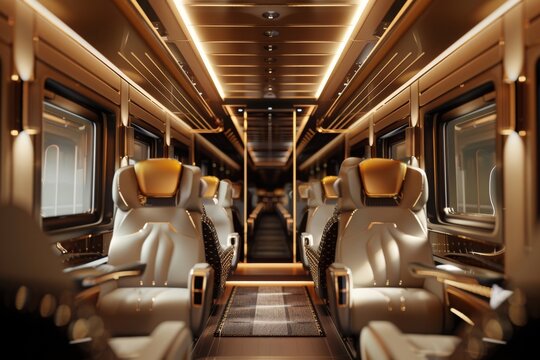 Interior of the train cabin White gold luxury seats, future train concept, comfort modern transportation