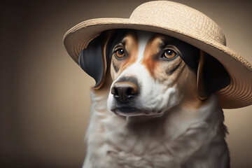 dog in a hat. a large fluffy tricolor dog with big ears sits with a straw light hat on his head, animal concept