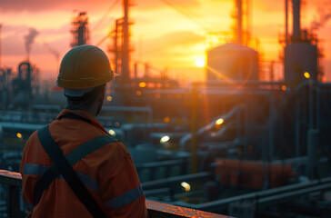 Obraz premium Engineer or Technician at the Oil and gas refinery plant at sunset or sunrise time