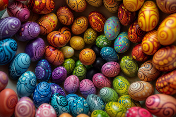 Fototapeta na wymiar colorful composition of hand painted Easter eggs forming a multicolored spiral. The eggs are decorated according to the Easter bunny tradition with flowers and colors