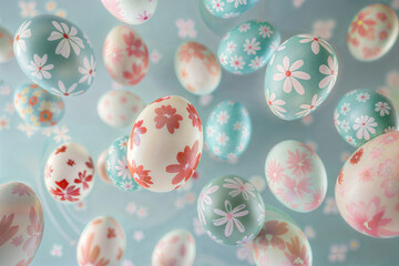 colorful composition of Easter eggs in soft blue and green tones. The eggs are decorated according to tradition with flowers and colors. Easter themed background.