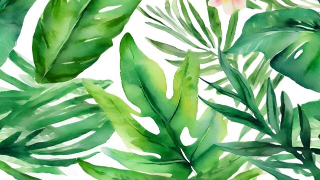 Hand painted green leaves. Watercolor tropical leaves and flowers. Botanical jungle illustration. Exotic. Abstract art background. Oil painting on canvas. Vector Illustration
