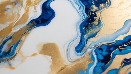 Luxury abstract fluid art painting in alcohol ink technique, mixture of deep blue white and gold paints. Imitation of marble stone cut, glowing golden veins.