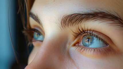 A detailed close-up shot of a person with striking blue eyes, showcasing eyelash extensions and makeup in a beauty salon setting