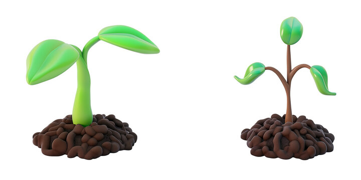 Set of 3D Sprouting plant icon from soil isolated on transparent background
