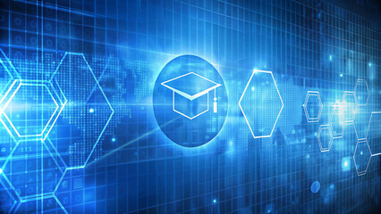 Digital Education World Map with Abstract Code Background