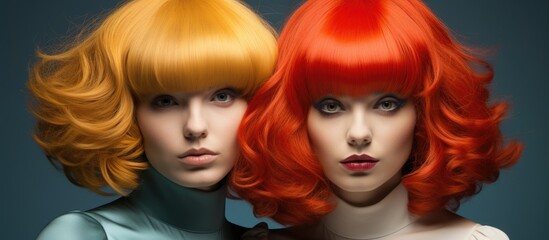 Two women with contrasting hair colors stand side by side, showcasing unique hairstyles. Their eyes, mouths, and jawlines complement their different looks