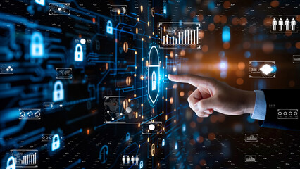 Cyber security expert activating a holographic encryption system, data protection theme.