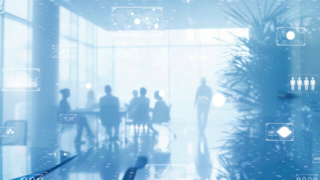 Team of professionals working with interactive digital analytics displays, modern corporate meeting concept.