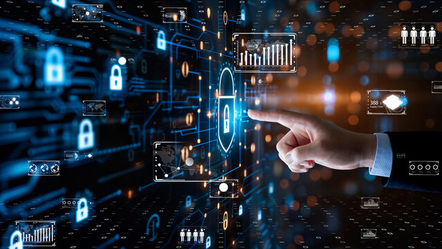 Cyber security expert activating a holographic encryption system, data protection theme.