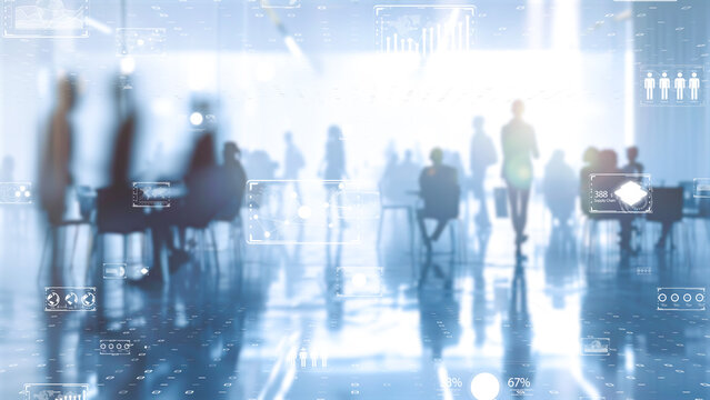 Team of professionals working with interactive digital analytics displays, modern corporate meeting concept.