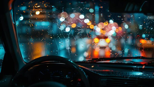 a car with rain on the windshield. Seamless Looping 4k Video Animation
