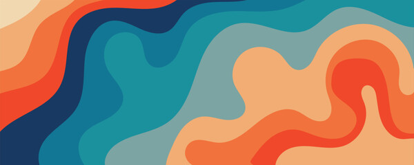 Abstract Background Of Psychedelic Groovy Wavy Line Design In 1970s Hippie Retro Style Vector	