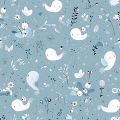 Cute Background: Adorable characters and whimsical motifs intertwine seamlessly to form a playful and charming pattern that appeals to the young and young at heart.