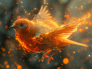 A bird amid sci-fi flames takes flight