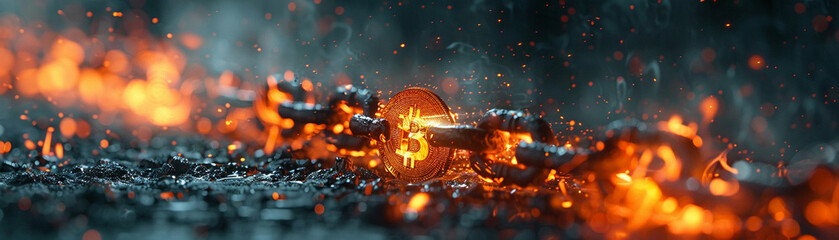 Amidst chains aflame Bitcoin emerges - obrazy, fototapety, plakaty