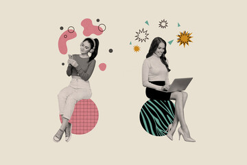 Trend artwork composite sketch 3D collage of two young ladies sit on circles use phone laptop...