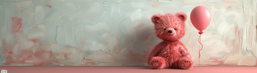 In a world of minimal 3D art a pink bear gently grips a balloon