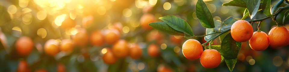 orange tangerine on branches of tree in orchard on farm at sunset close-up